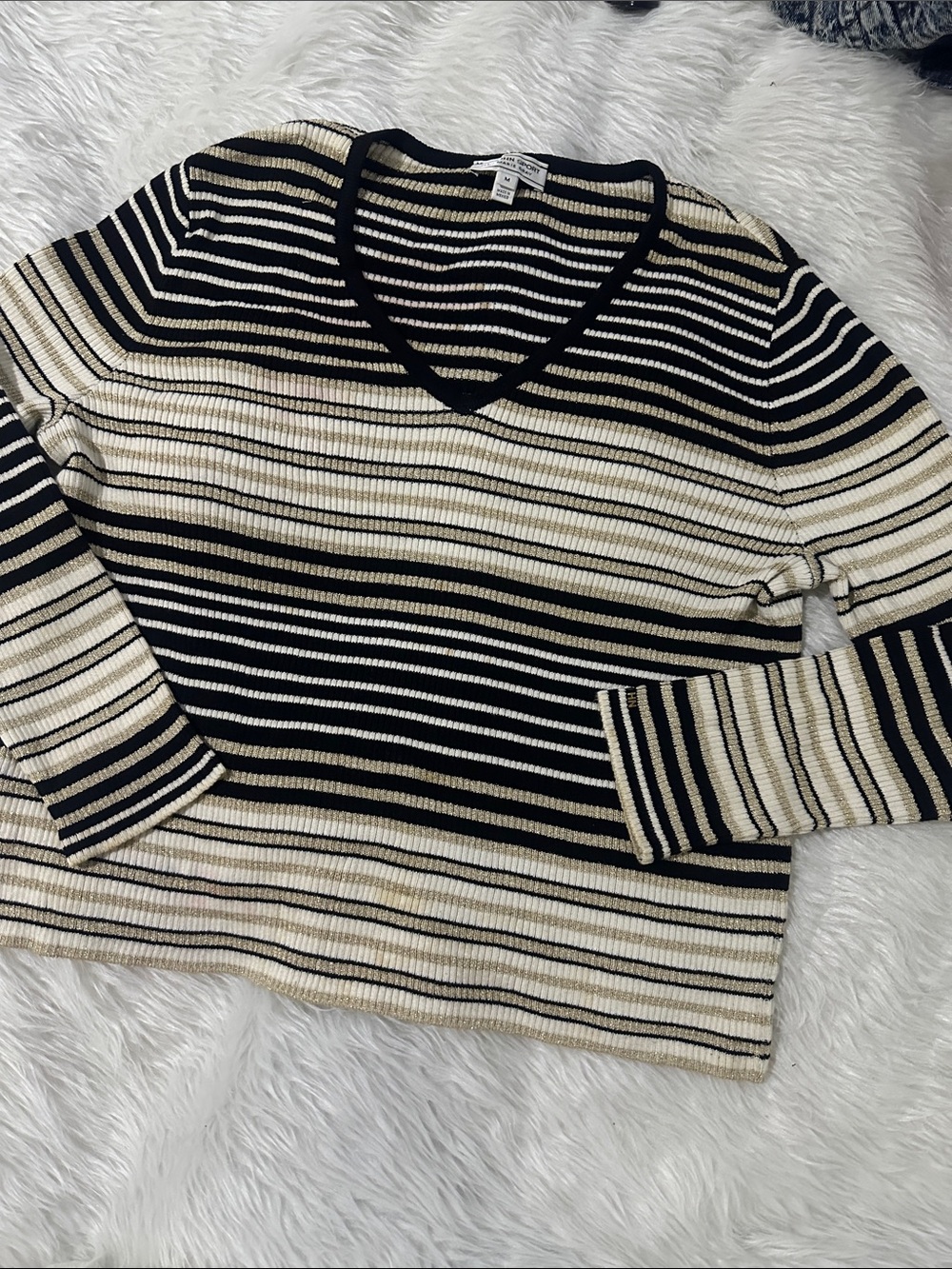 Striped V-Neck Sweater in Black and Cream